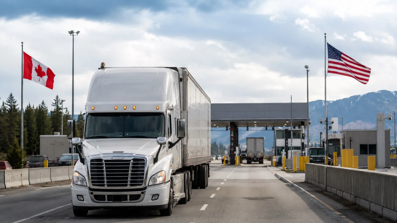 A white semi-truck driving toward a border crossing with Canadian and American flags flying nearby.
