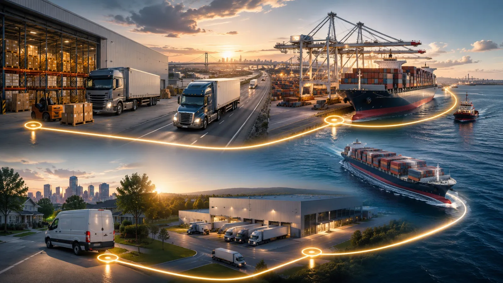 A split view showing trucks at a warehouse and cargo ships at a busy shipping port.