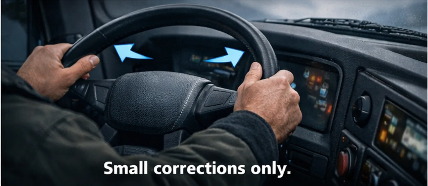 Truck driver keeps both hands on the steering wheel while driving.
