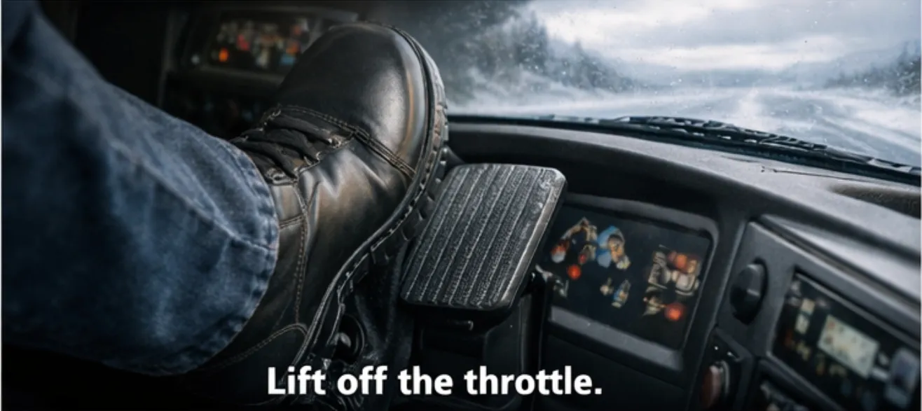 Truck driver’s foot pressing a truck pedal while driving on a wet road, with the dashboard visible.