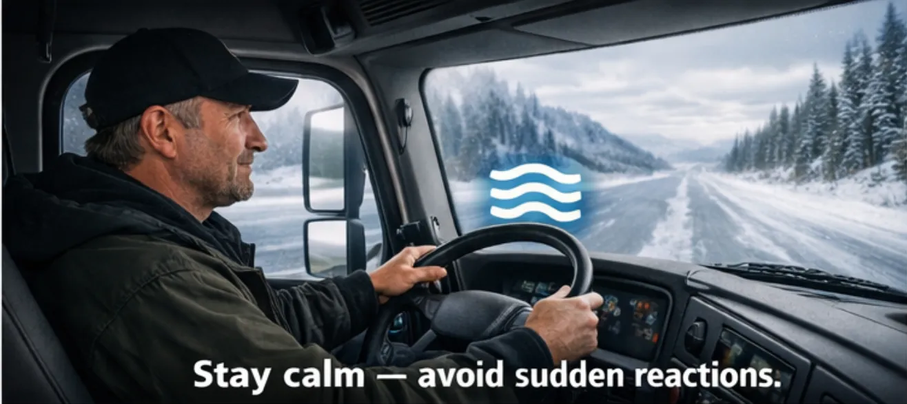 Truck driver navigating a snowy road while staying calm and avoiding sudden reactions