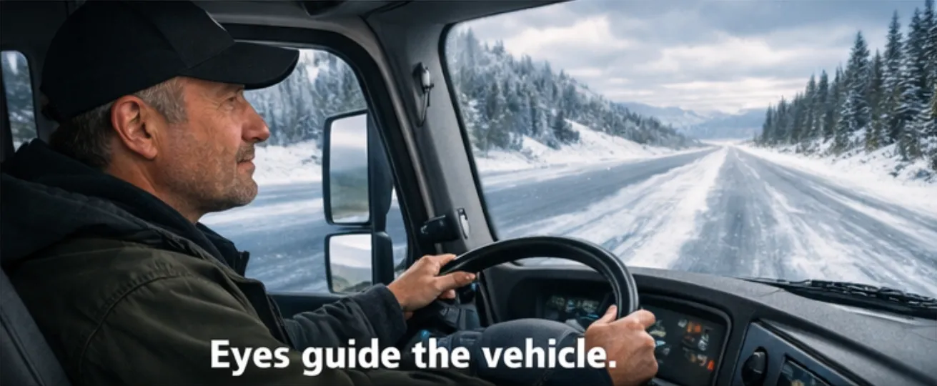 Truck driver keeps eyes on the road while steering the vehicle.