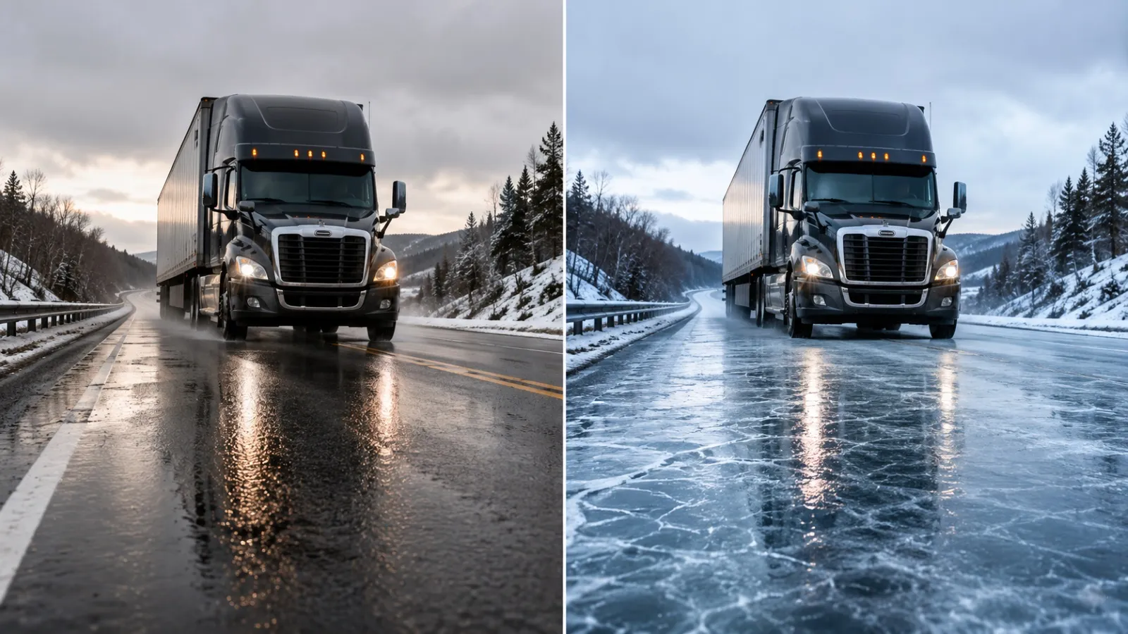 Trucking on a wet road transitioning to icy conditions in winter weather