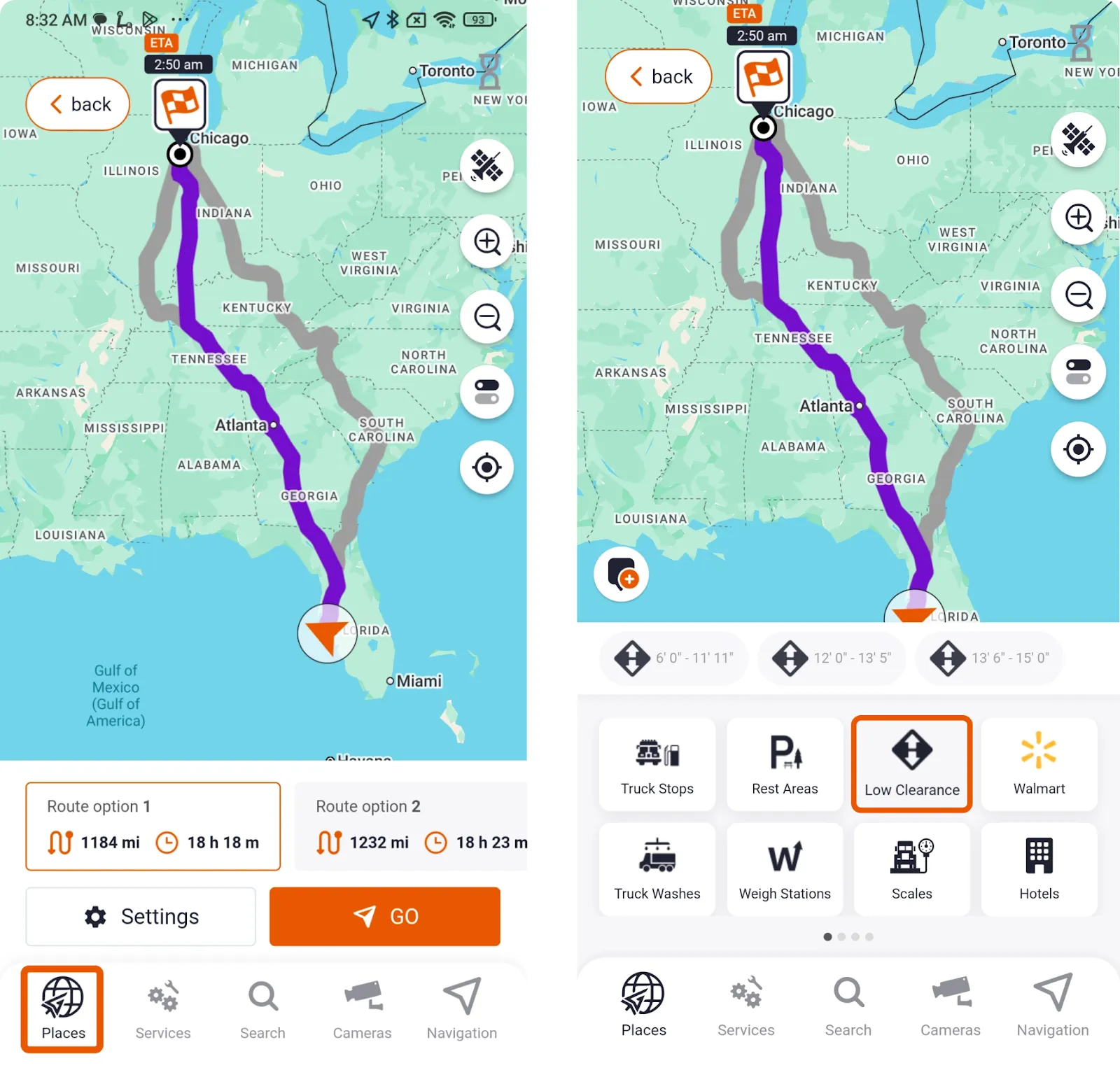Trucker Guide showing how to find low clearances along a route