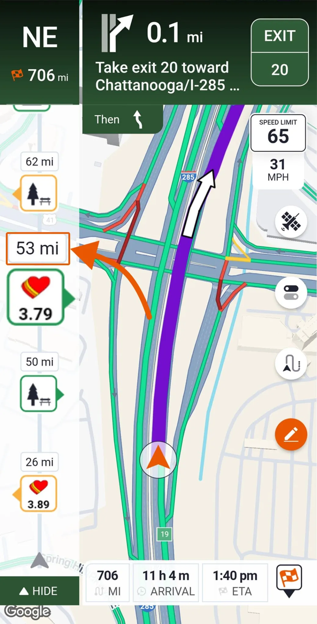 Trucker Guide showing mileage remaining to the destination