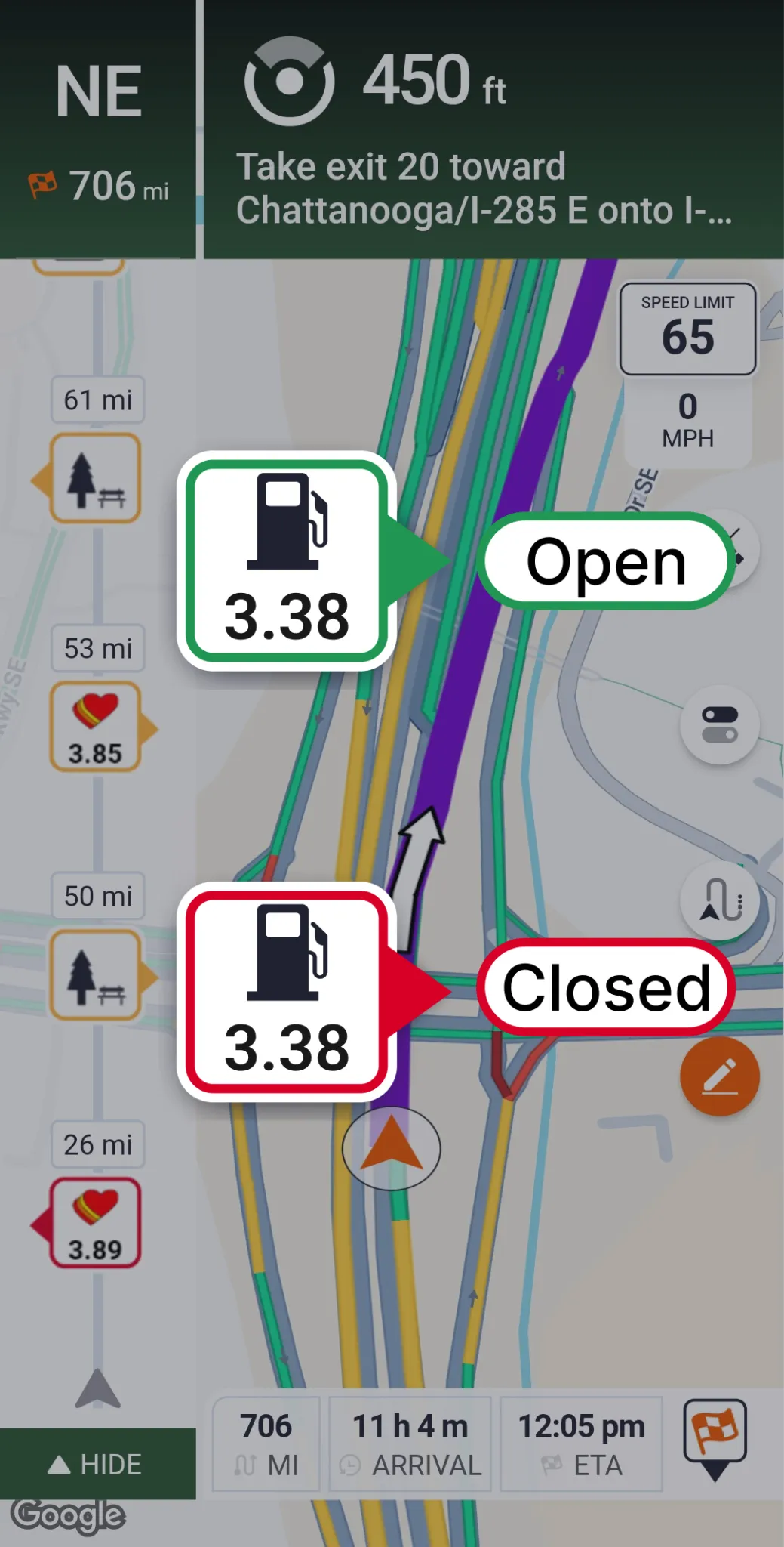 Trucker Guide showing business status and diesel station pricing options