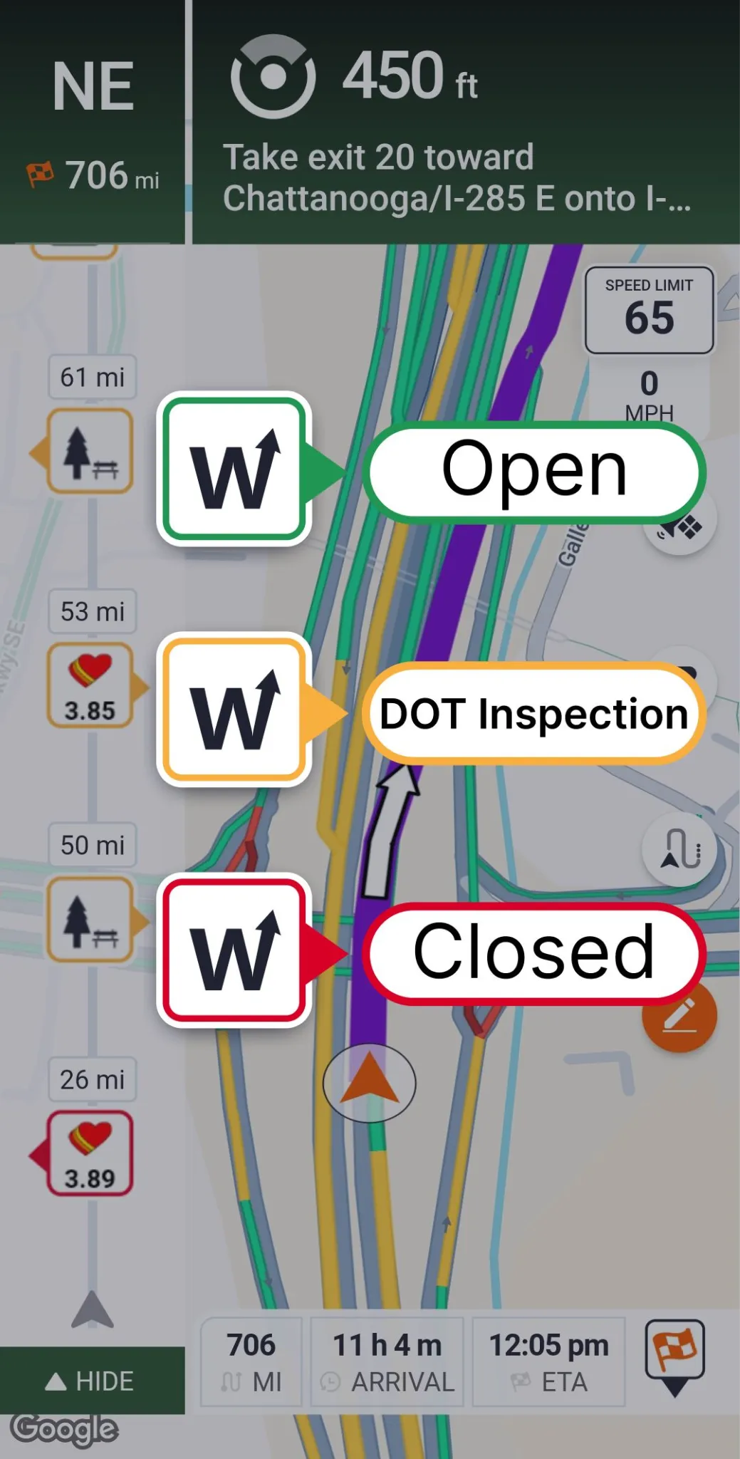 Trucker Guide showing three weigh station status types