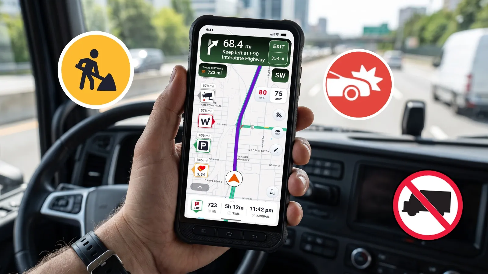Trucker Guide navigation app showing a route, roadwork, accident, and truck restriction alerts