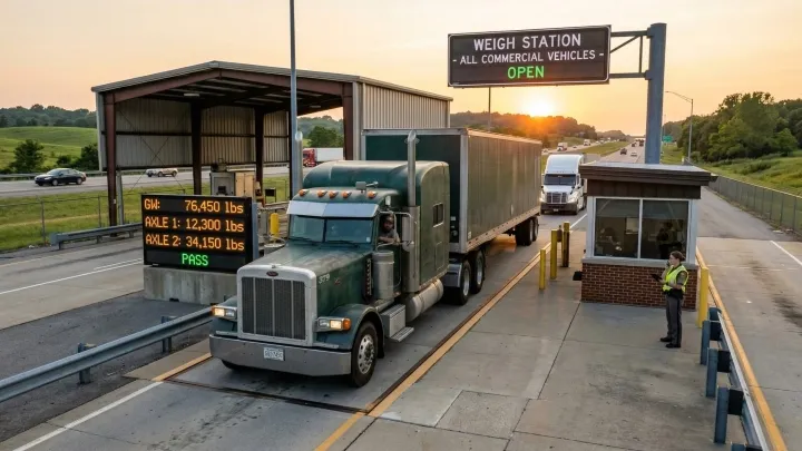  Commercial truck at an open weigh station with displayed axle weights and a passing status