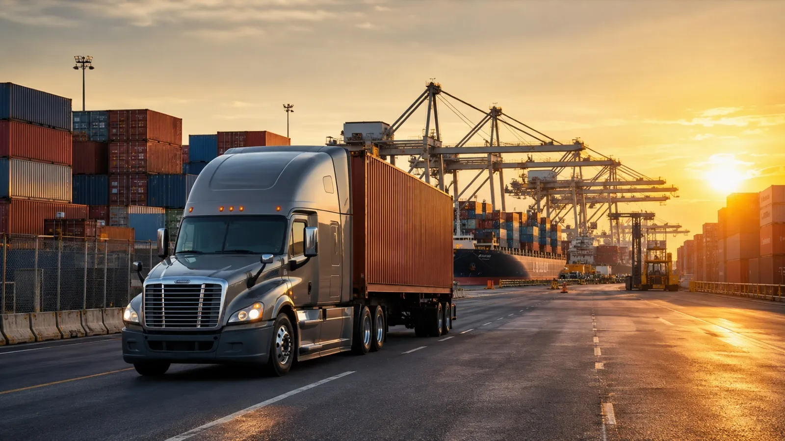  Semi-truck hauling a shipping container through a busy port with cargo cranes and stacked containers