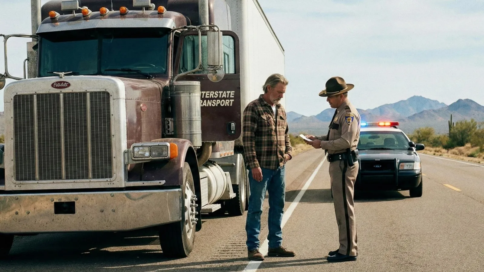 Truck driver talking with a police officer beside a semi-truck after receiving a parking ticket.