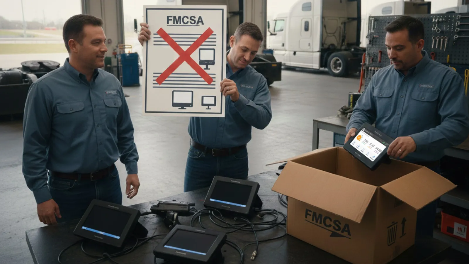 Three men holding red X signs illustrate ELD removals and the actions drivers and fleets must take.