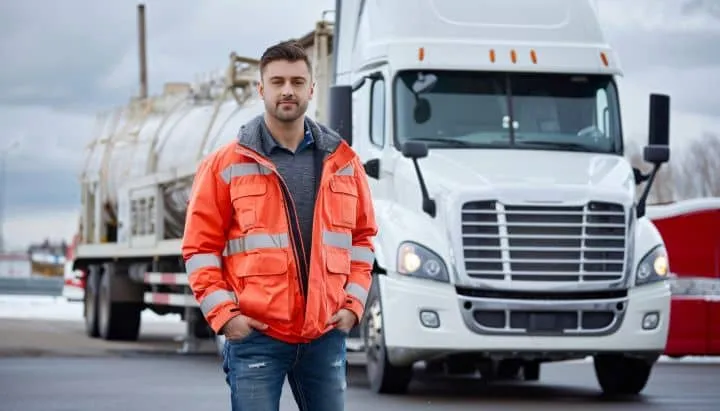 Truck driver standing beside a commercial vehicle, highlighting CDL requirements and professional driving.