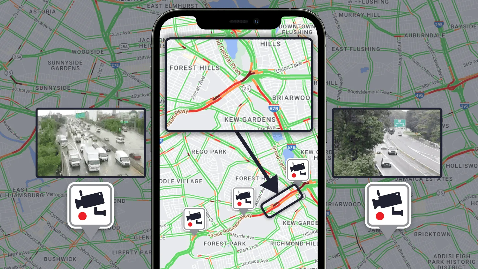 Trucker Guide displaying live traffic updates and road cameras to help drivers monitor conditions and avoid delays.