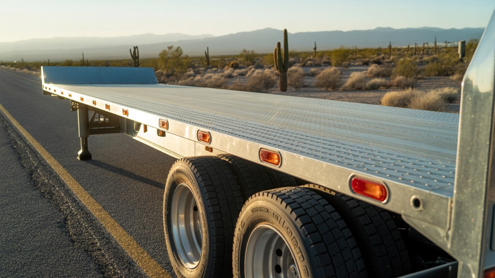 A silver flatbed trailer parked on an asphalt road in a desert landscape