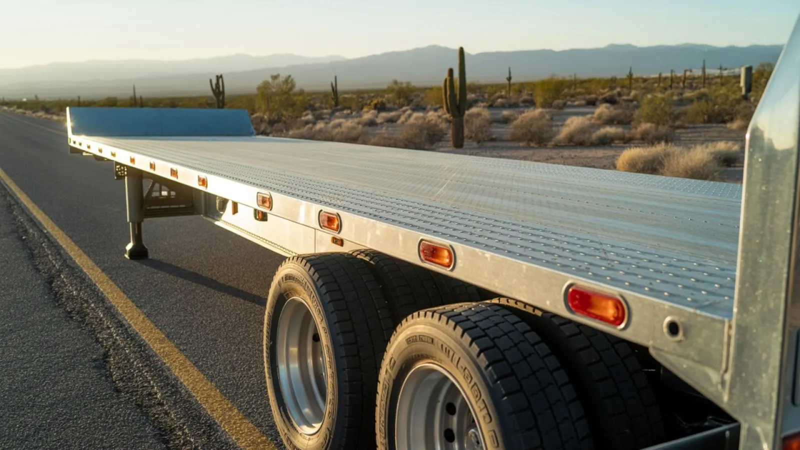 A silver flatbed trailer parked on an asphalt road in a desert landscape