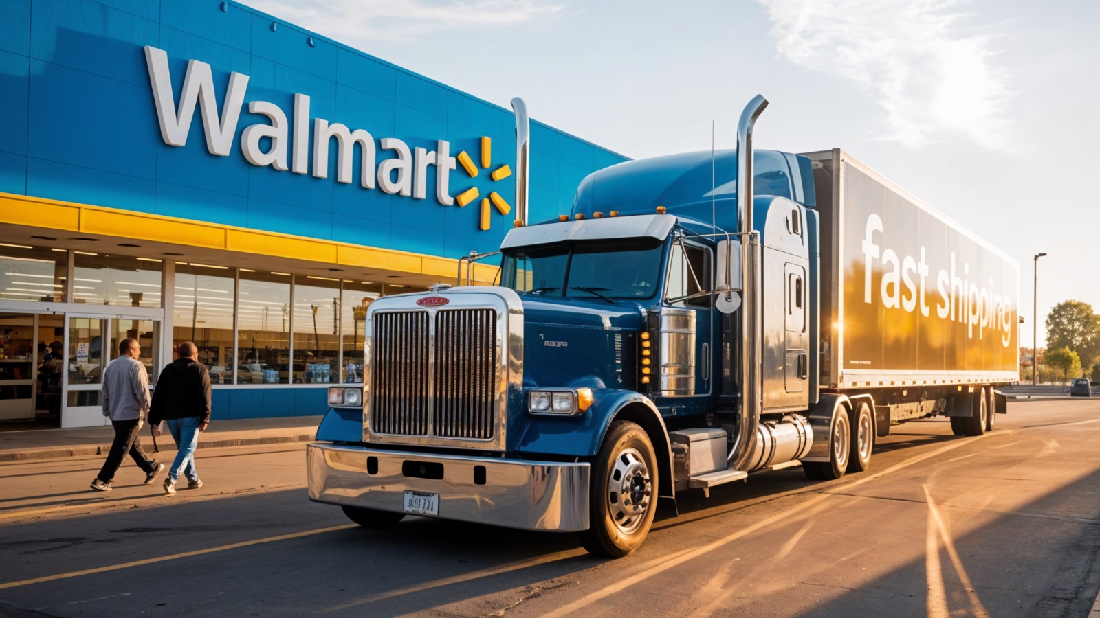 Blue semi-truck parked outside a Walmart store