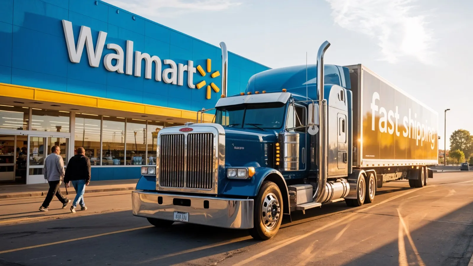 Blue semi-truck parked outside a Walmart store