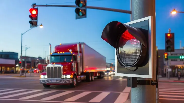 Red semi-truck driving through a busy city street near a traffic light camera.