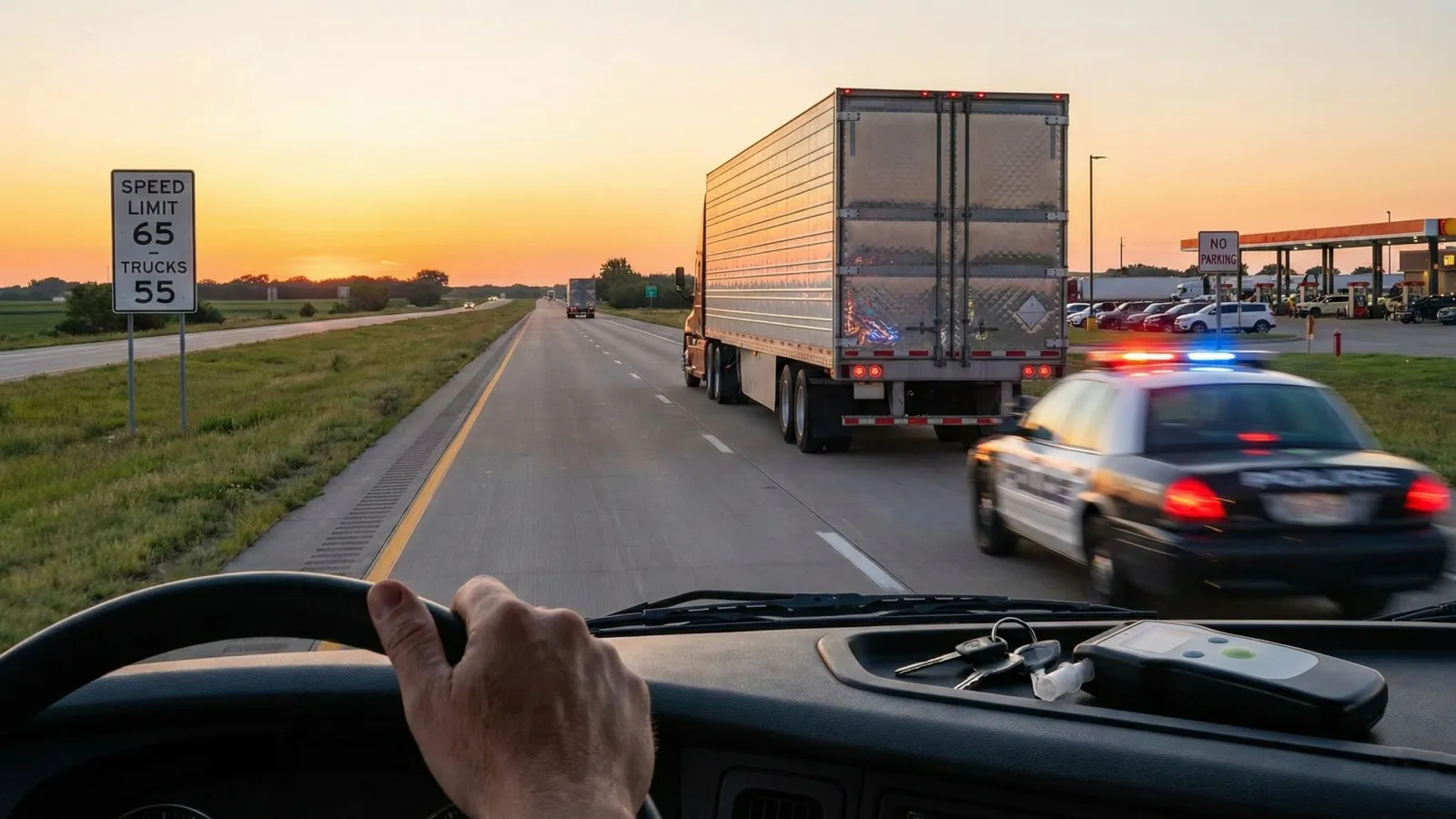 Semi-truck driving on a busy highway illustrates the importance of fighting traffic tickets to protect your driving record.
