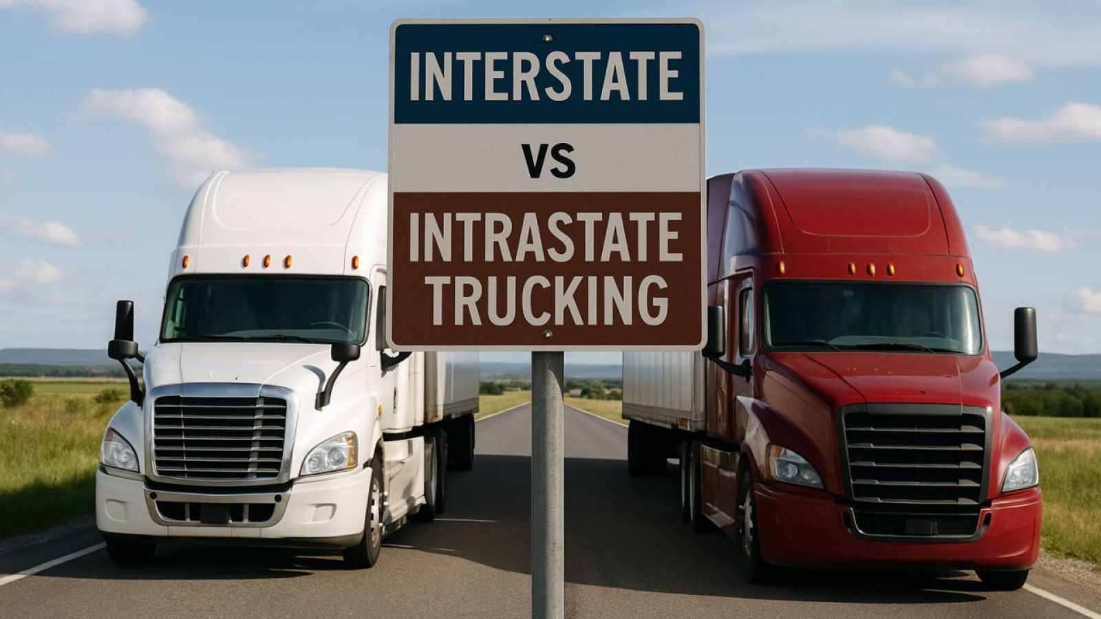 Roadside sign reading “Interstate vs. Intrastate Trucking” between white and red semi-trucks