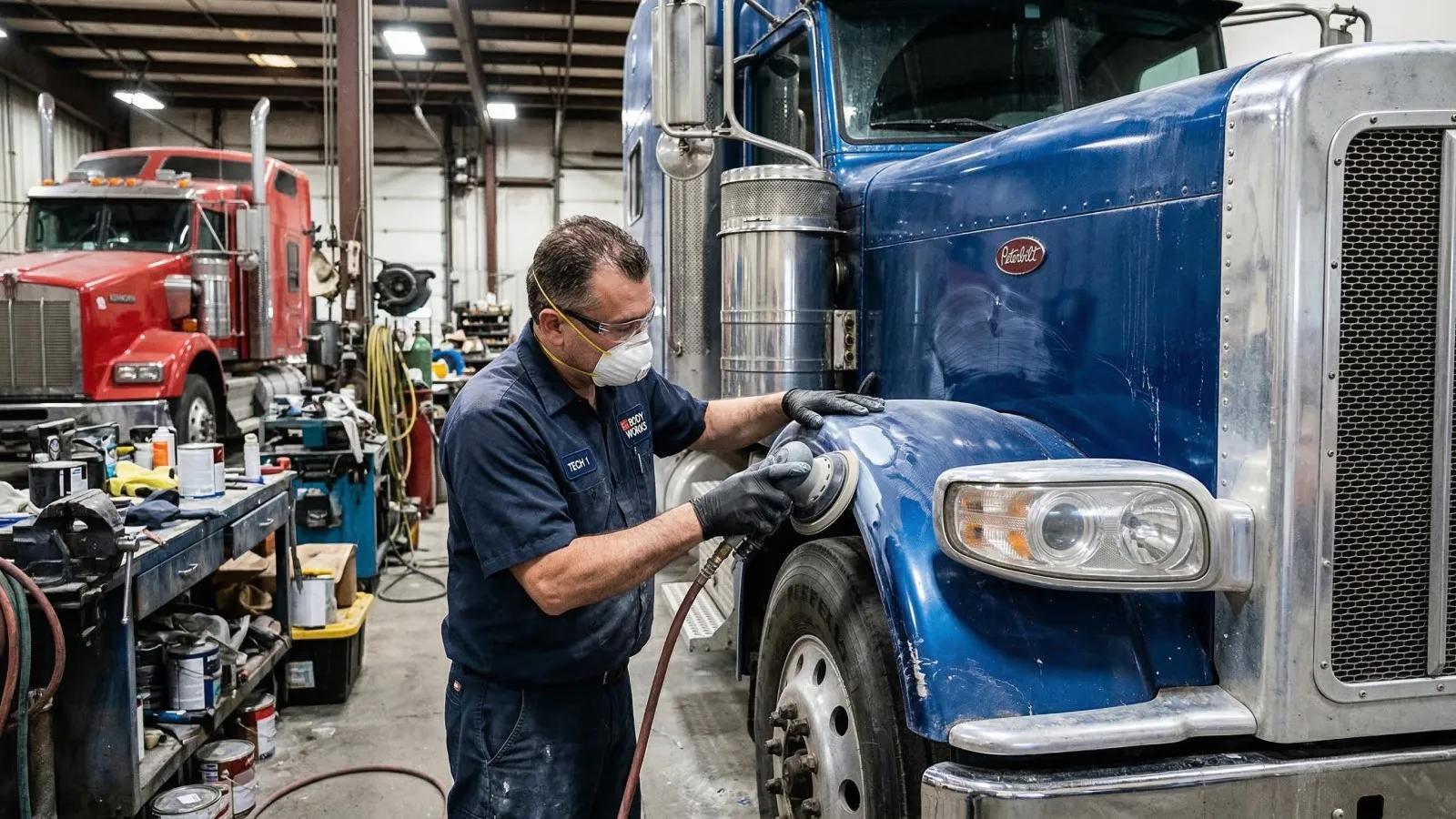 A mechanic repairs and repaints a semi-truck in a professional body shop, highlighting services from dent repair to full truck repaints.