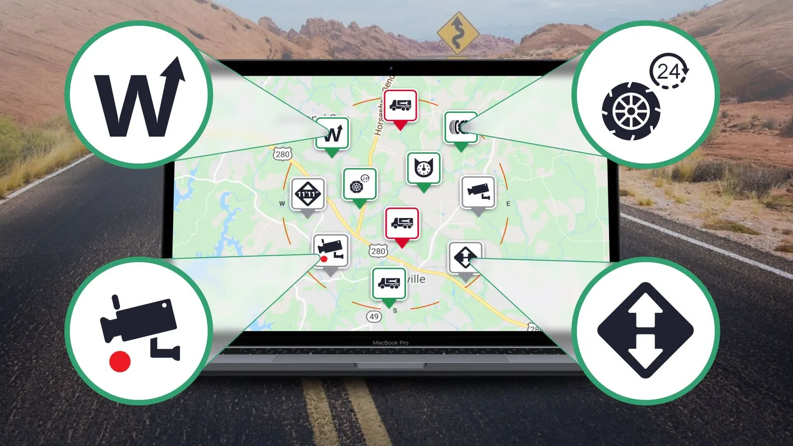 Trucker Guide helps fleet managers find fuel, parking, services, low clearances, weigh stations, and live traffic updates.