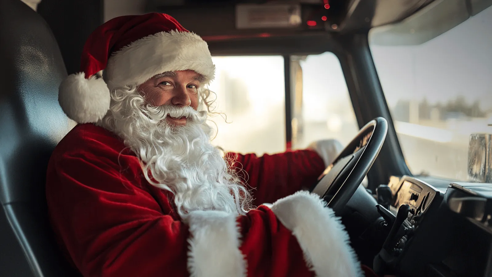 Santa Claus in a red suit and hat sits in the driver's seat of a vehicle.