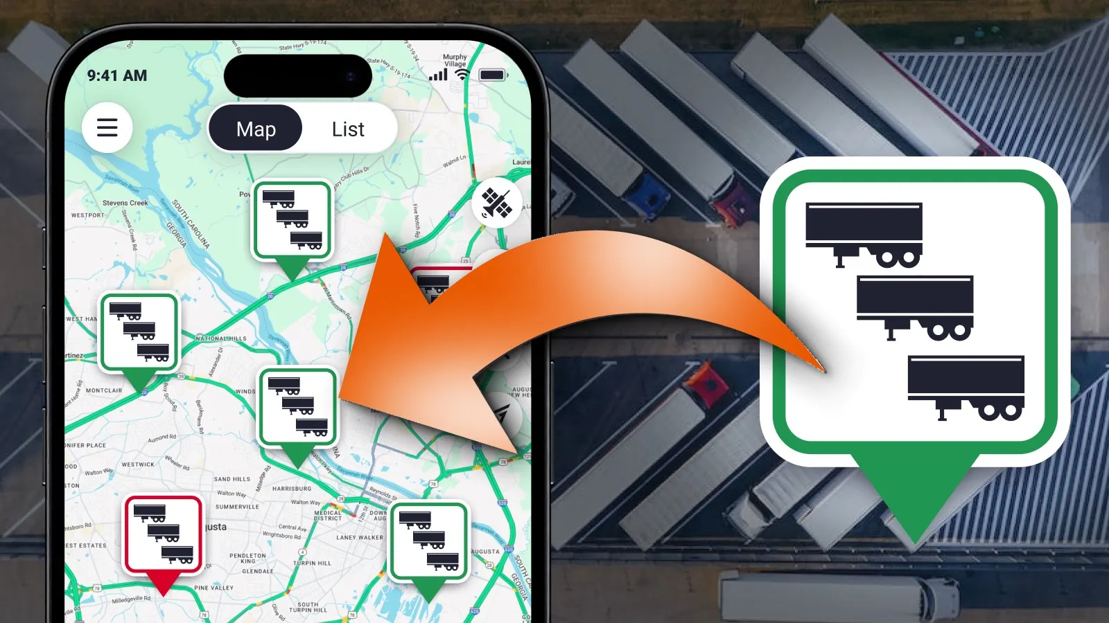 Trucker Guide map showing available truck parking spaces.