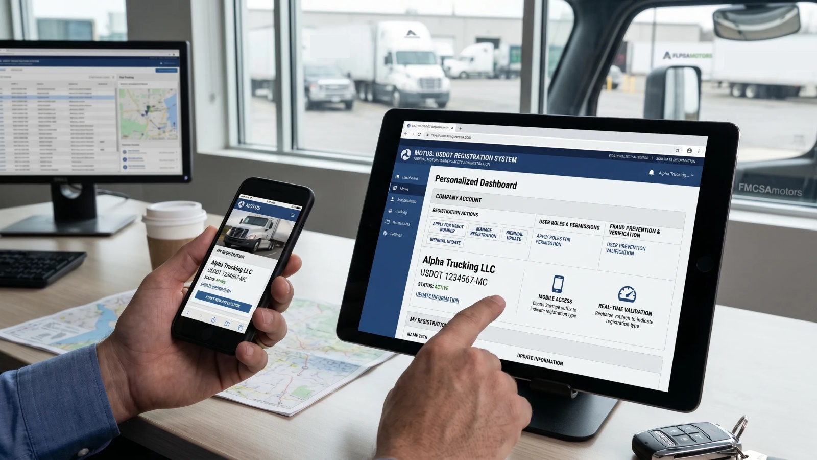 User working across desktop, tablet, and phone interfaces to manage trucking operations and fleet data