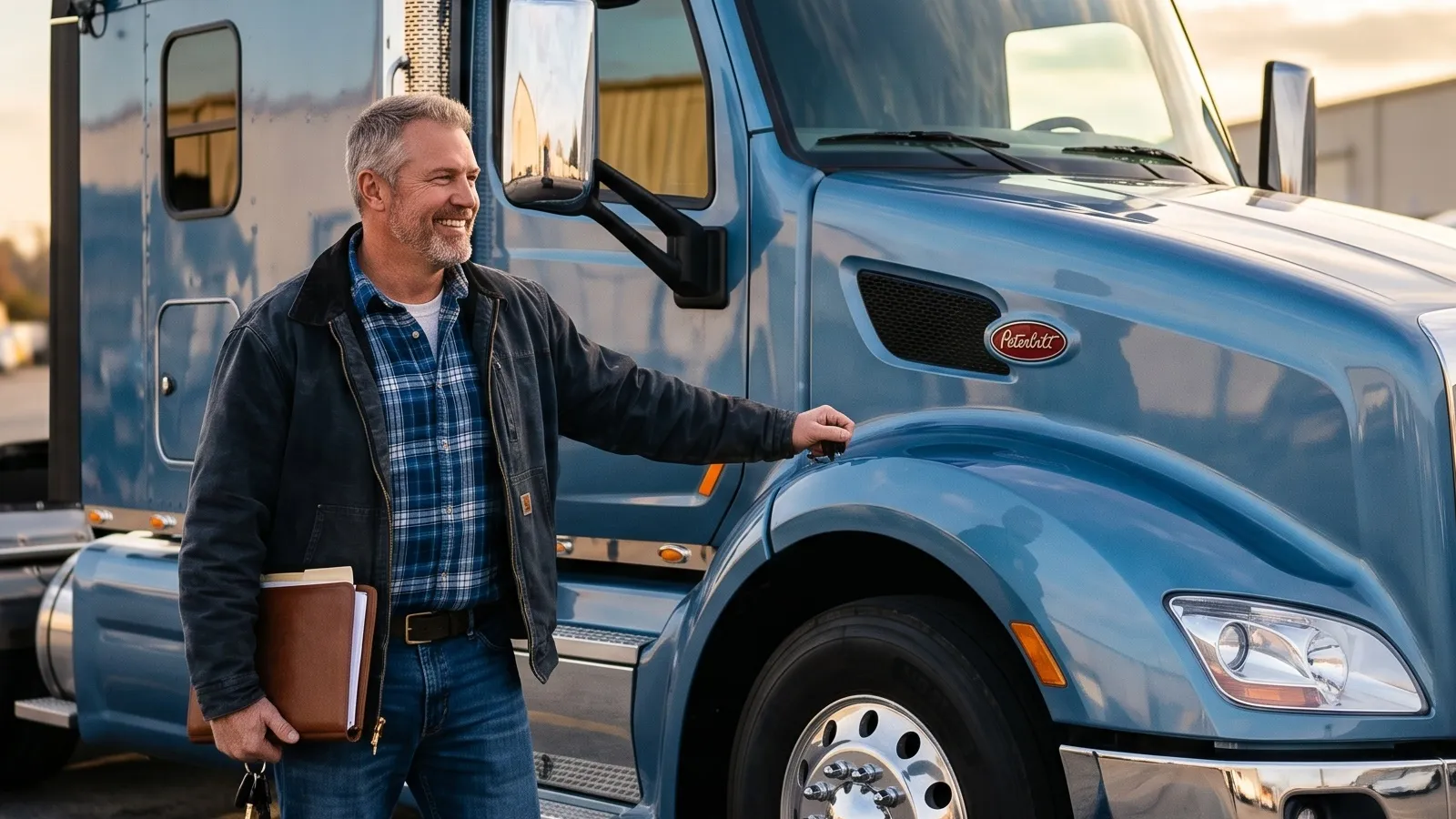 A truck owner standing beside a semi-truck with business documents, representing the Section 179 tax deduction and commercial truck purchasing decisions.