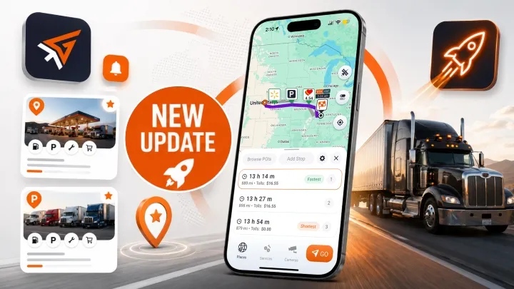 Trucker Guide navigation update showing fuel stops, parking, and rest areas