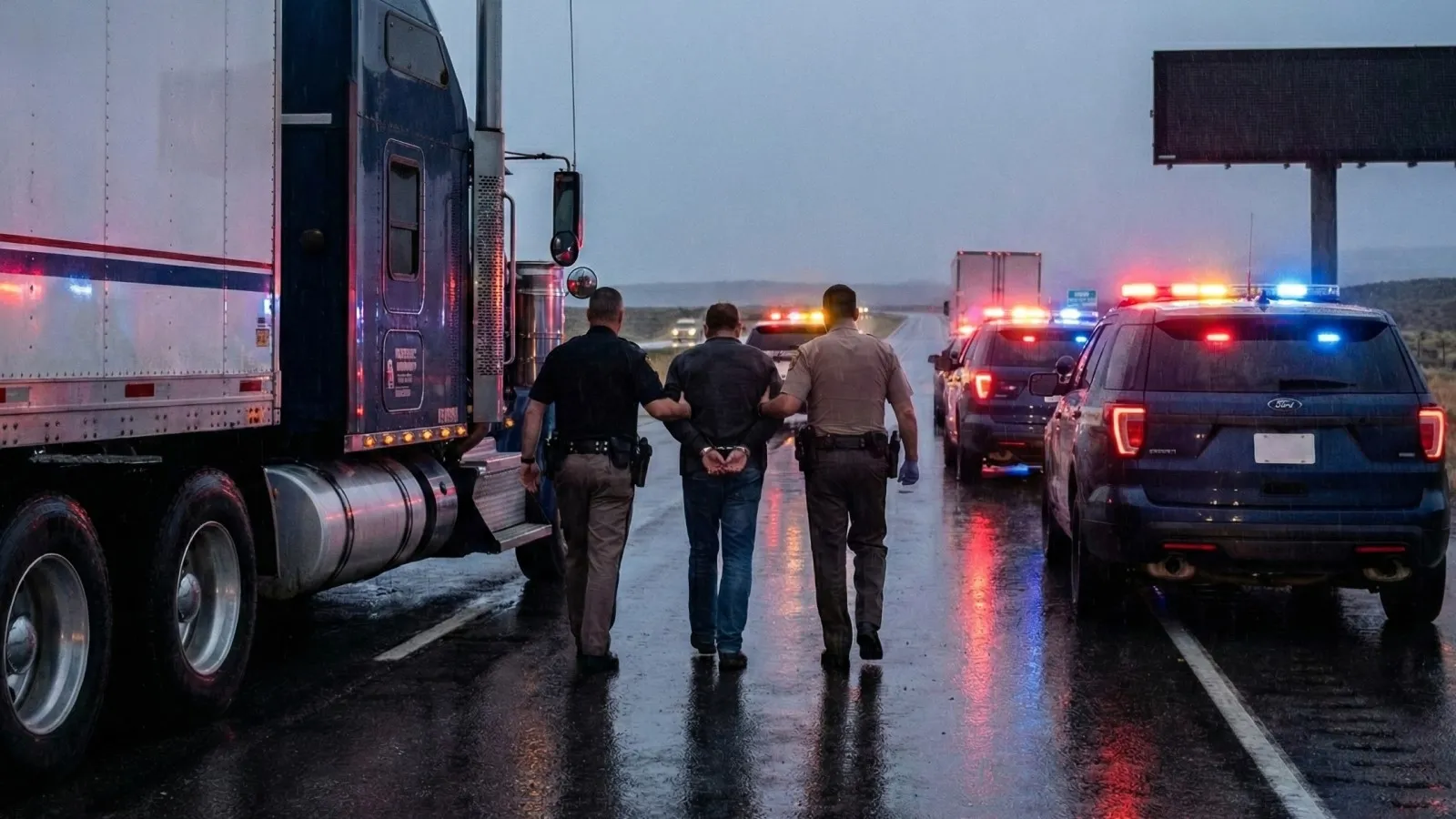 Police vehicles and a semi-truck on a rain-soaked highway illustrate the aftermath of a DUI charge for truck drivers.