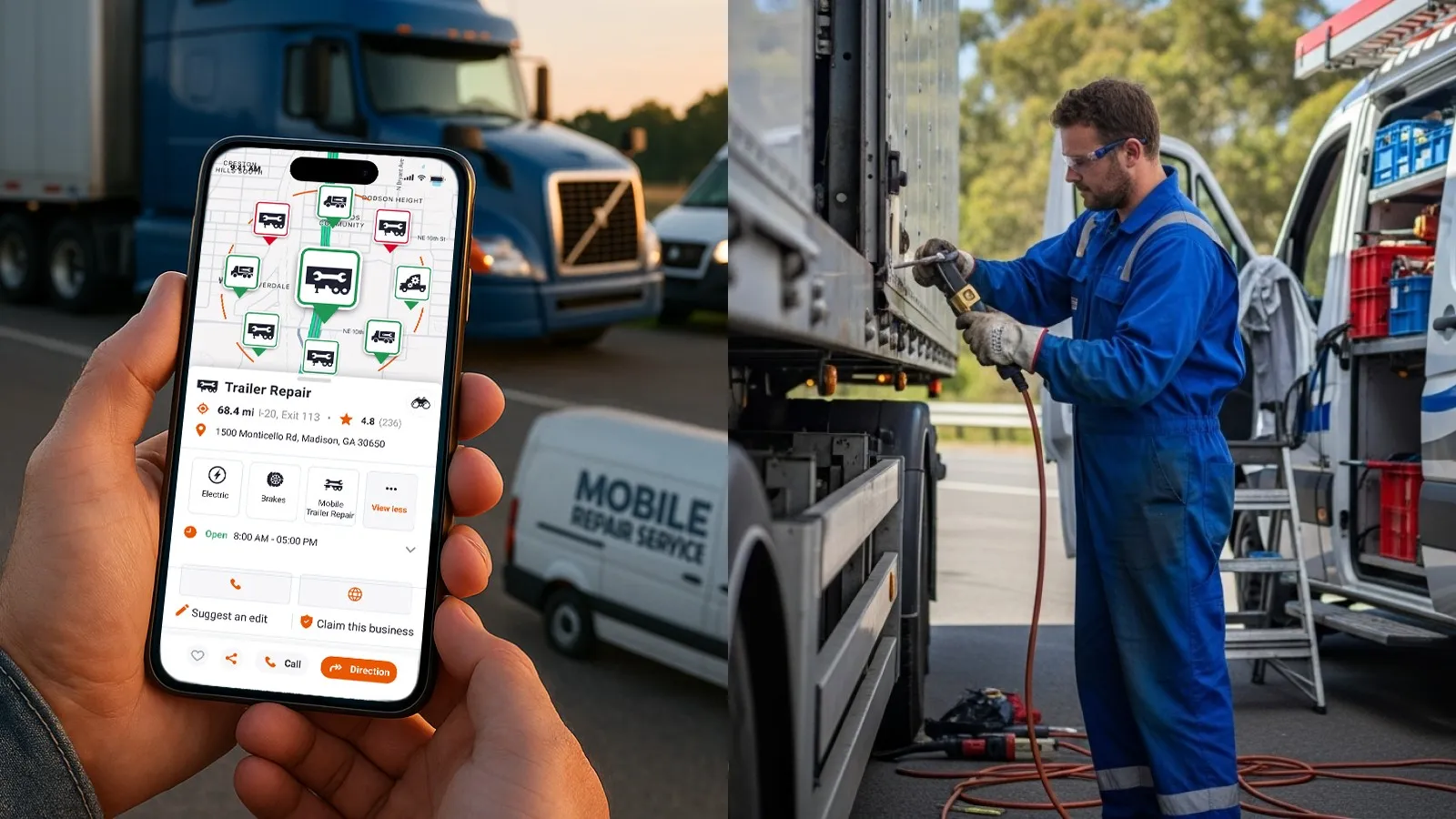 Split image showing Trucker Guide’s map with a repair company listing alongside a mechanic providing mobile truck repair service.