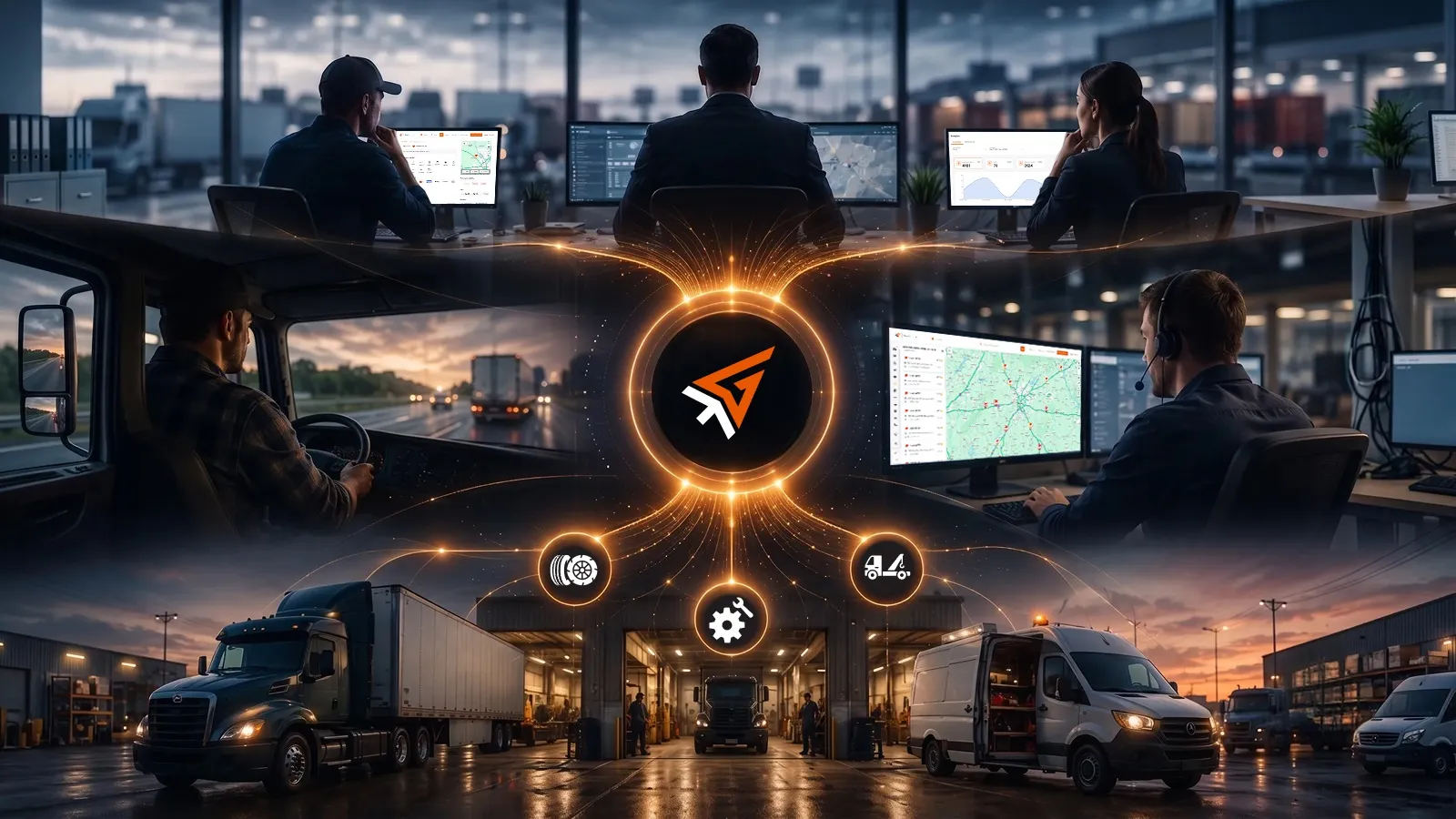 Trucking professionals and service providers monitoring truck service demand, operational data, and revenue opportunities through a centralized digital network.