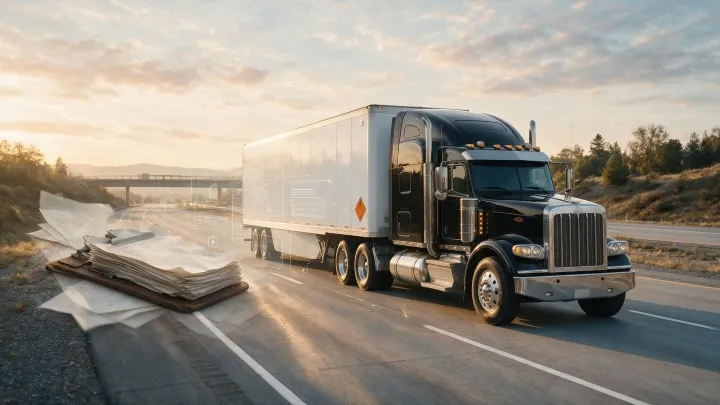  Semi-truck hauling freight on a highway with shipping documents representing trucking paperwork