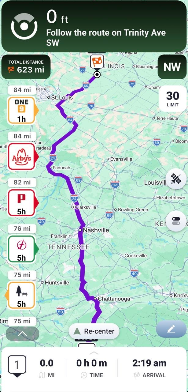 Trucker Guide bar showing truck stops, rest areas and other parking locations