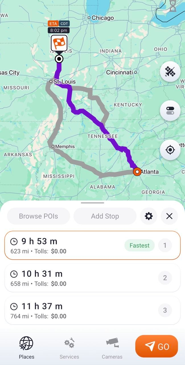 Trucker Guide map showing multiple route options