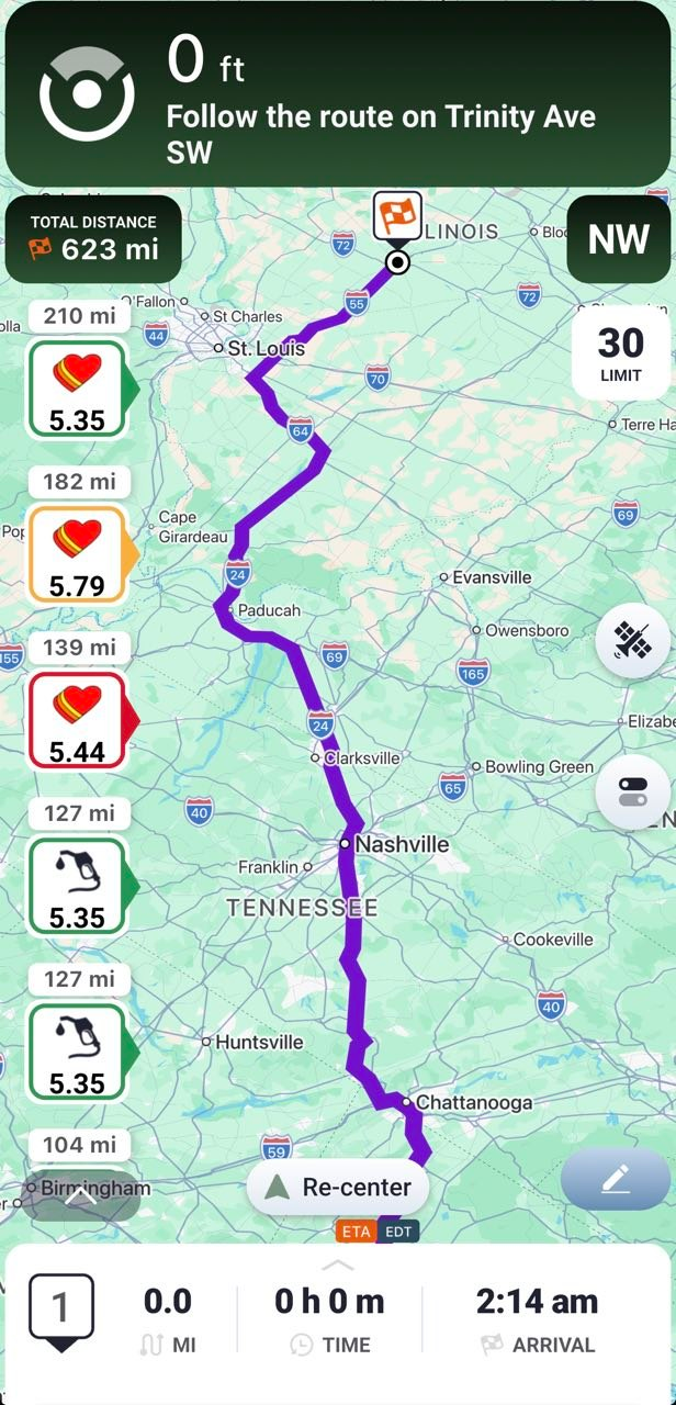 Trucker Guide navigation showing fuel locations and prices
