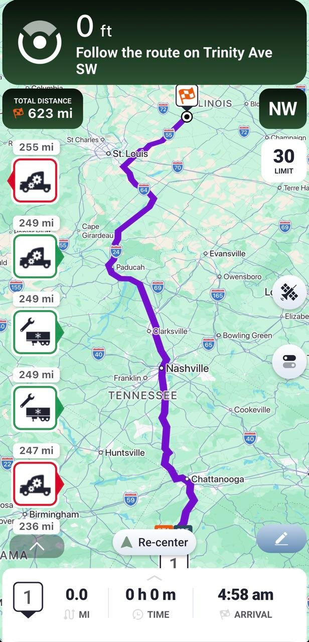 Trucker Guide navigation showing truck and reefer repair locations