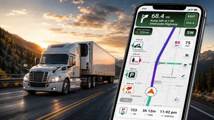 White semi-truck on a mountain highway at sunset with a Trucker Guide GPS navigation app displayed on a smartphone screen.