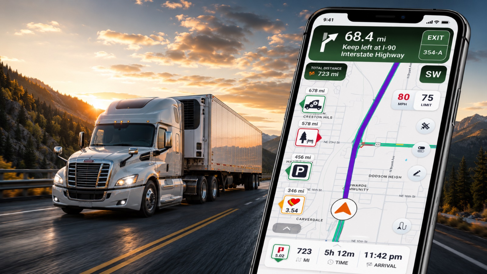 White semi-truck on a mountain highway at sunset with a Trucker Guide GPS navigation app displayed on a smartphone screen.