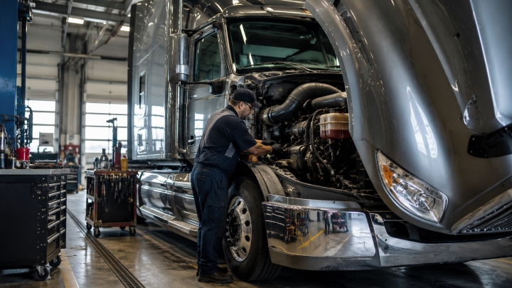 Technician inspecting a Class 8 semi-truck engine during preventive maintenance service