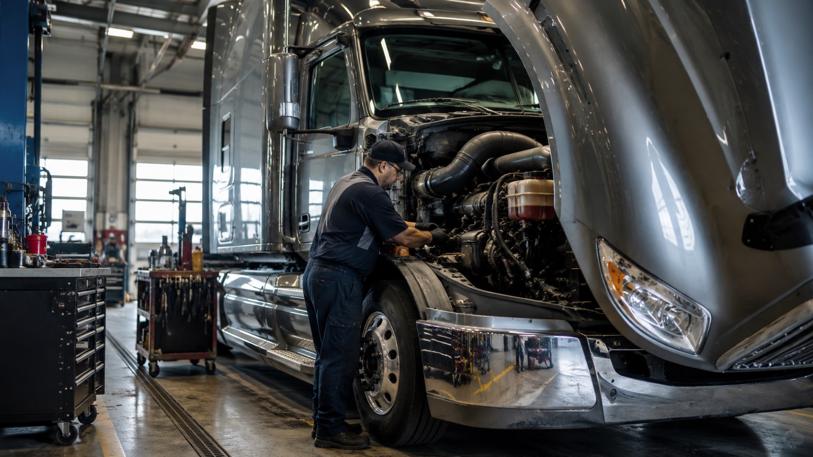 Technician inspecting a Class 8 semi-truck engine during preventive maintenance service
