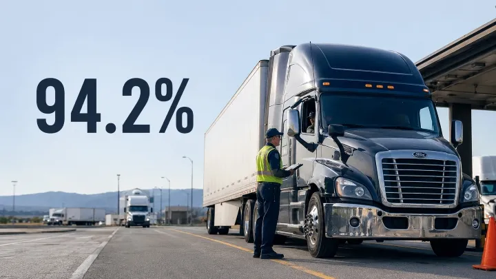 Class 8 semi-truck undergoing a roadside inspection with a safety inspector during the 2026 International Roadcheck.