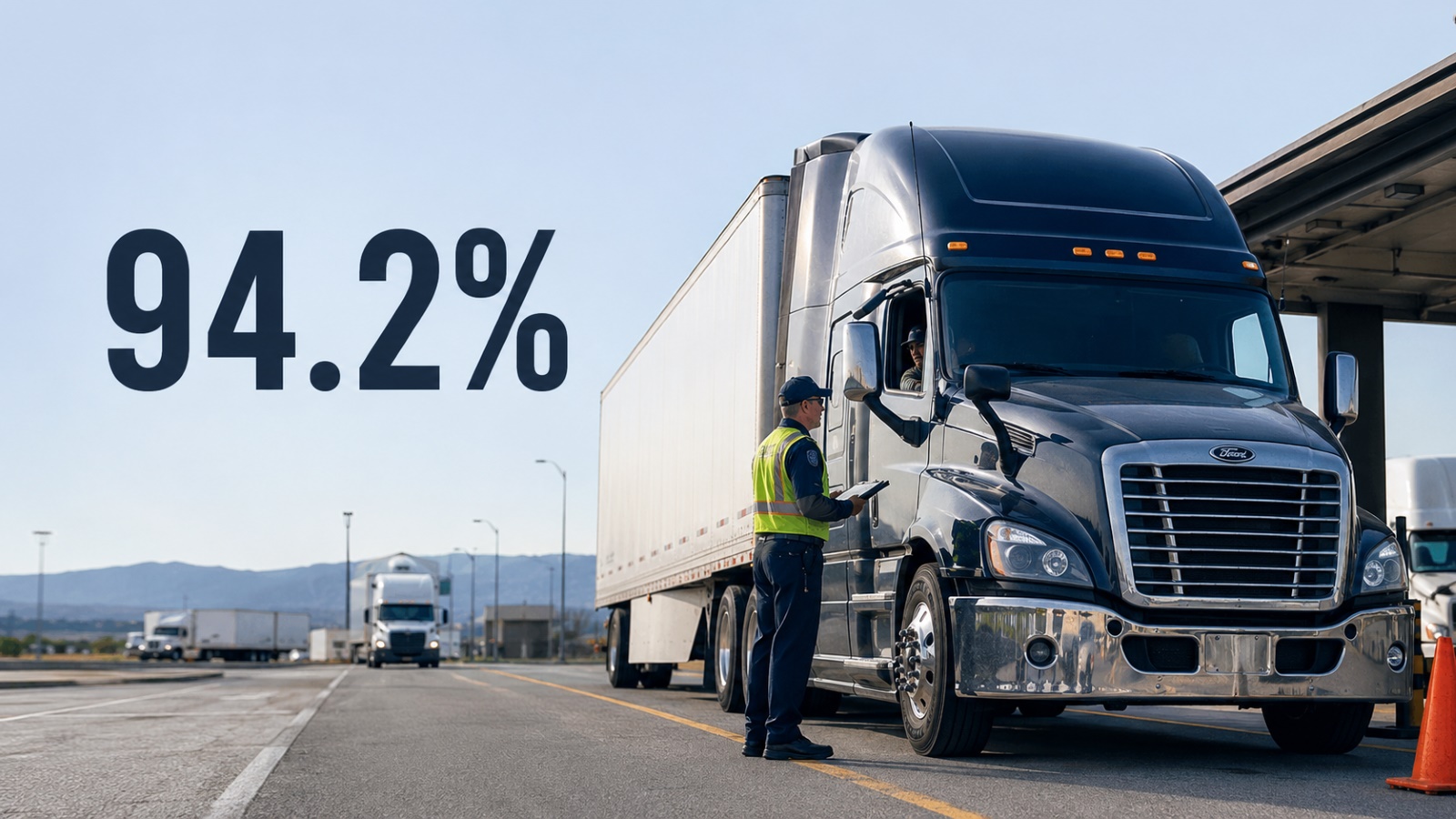 Class 8 semi-truck undergoing a roadside inspection with a safety inspector during the 2026 International Roadcheck.