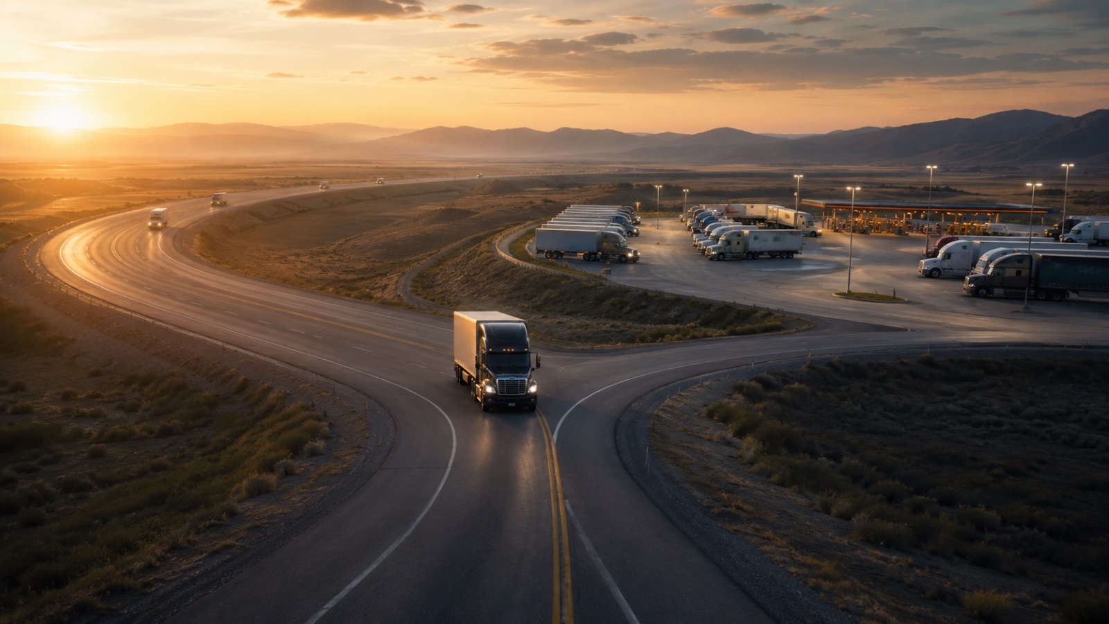 A semi-truck approaches a highway interchange beside a busy truck stop, illustrating FMCSA’s testing of greater Hours-of-Service flexibility for truck drivers to better balance driving and rest.
