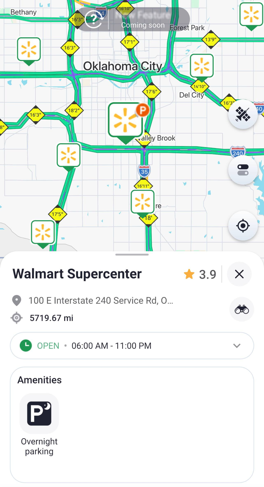Trucker Guide app displaying a Walmart location with overnight truck parking.