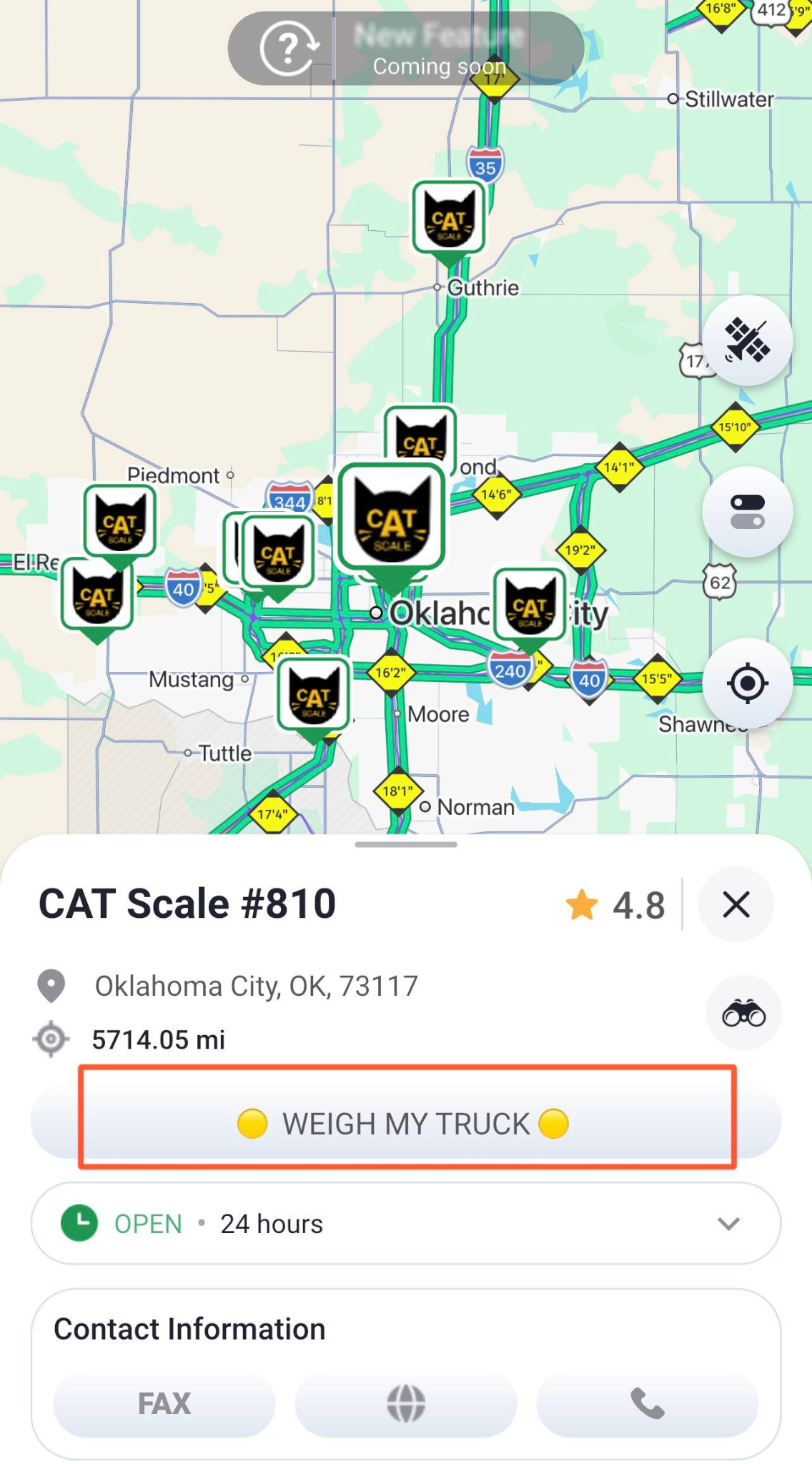 Trucker Guide app showing its integration with CAT Scale for truck weighing.