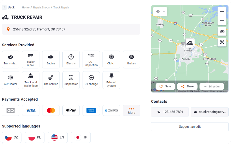 Trucker Guide business listing card displaying key company details.